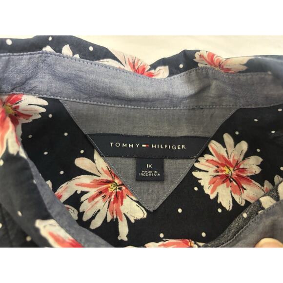 Tommy Hilfiger Womens 1X Button Down Blouse Navy Blue Floral Roll Tab Cotton - Picture 10 of 14